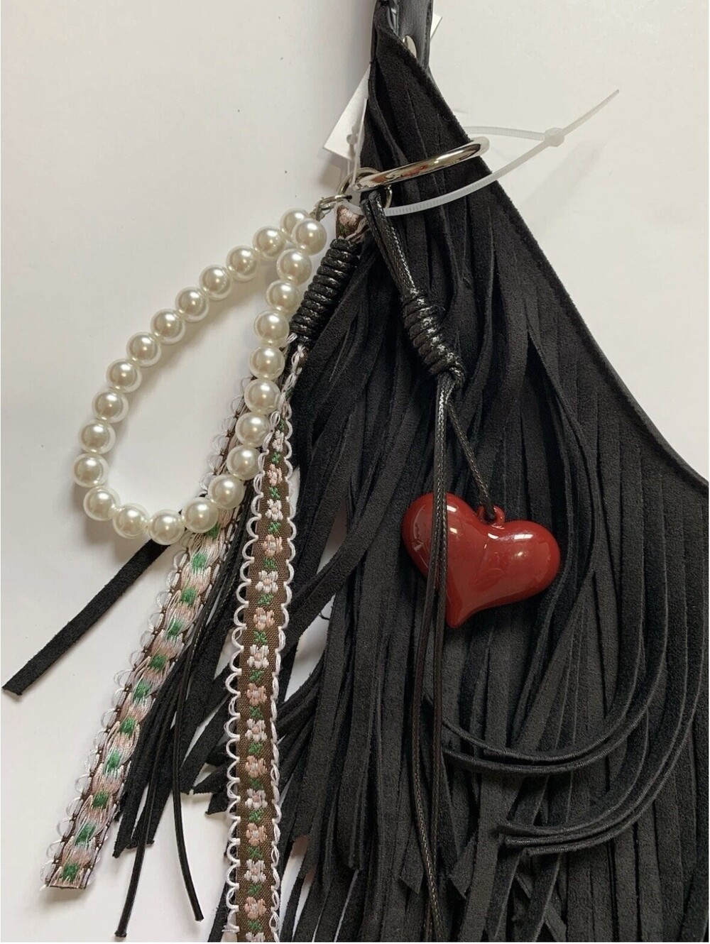 Madden NYC Black Fringe Shoulder Bag Purse w/ Heart ,Pearls Charms Inner Pockets - Picture 3 of 4
